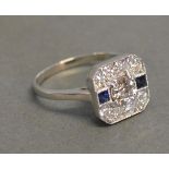 An 18ct. White Gold Art Deco Style Sapphire and Old Cut Diamond Ring