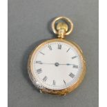 A 9ct. Gold Cased Pocket Watch, the engraved case with enamel dial and Roman numerals (keyless)