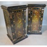 A Pair of 19th Century Painted and Gilded Side Cabinets, each with a black slate top above a door,