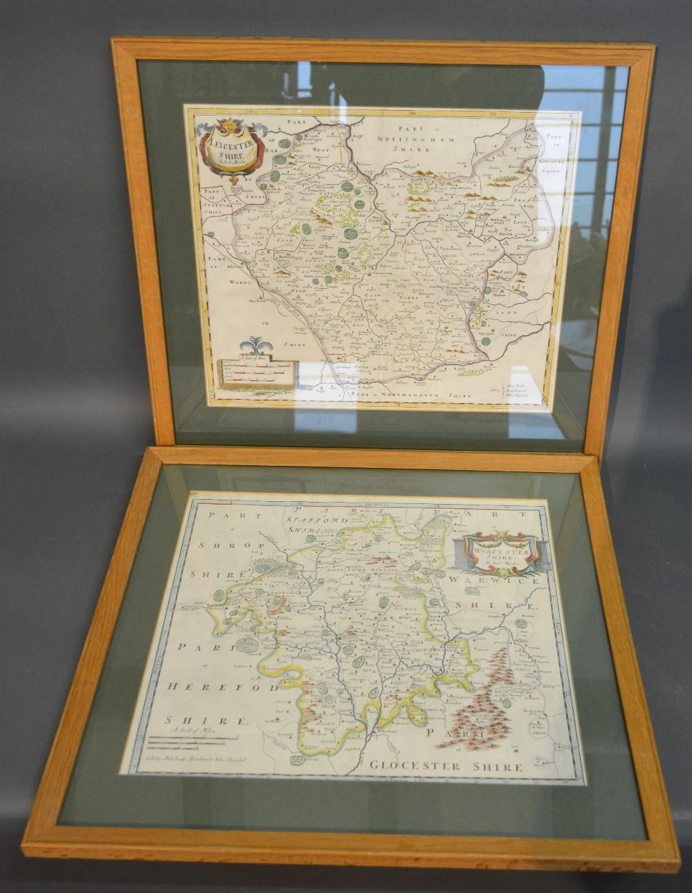 An Early Coloured Map of Leicestershire by Robert Morden, 36 x 42 cms, together with another early