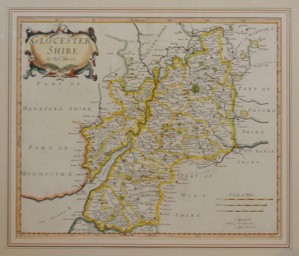 An 18th Century Coloured Map of Gloucestershire by Robert Morden, 35 x 42 cms