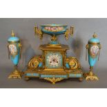 A 19th Century French Ormolu and Porcelain Three Piece Clock Garniture, the clock with porcelain urn