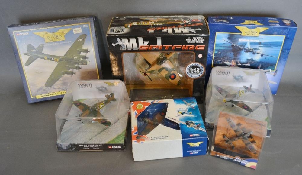 A Motor Max Mark I Spitfire in Original Box together with various Corgi WWII model aeroplanes in