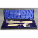 A Pair of Sheffield Silver Bone Handled Fish Servers within Fitted Lined Case