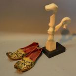 A Pair of Persian Gold Thread Slippers together with a Modern Abstract Sculpture