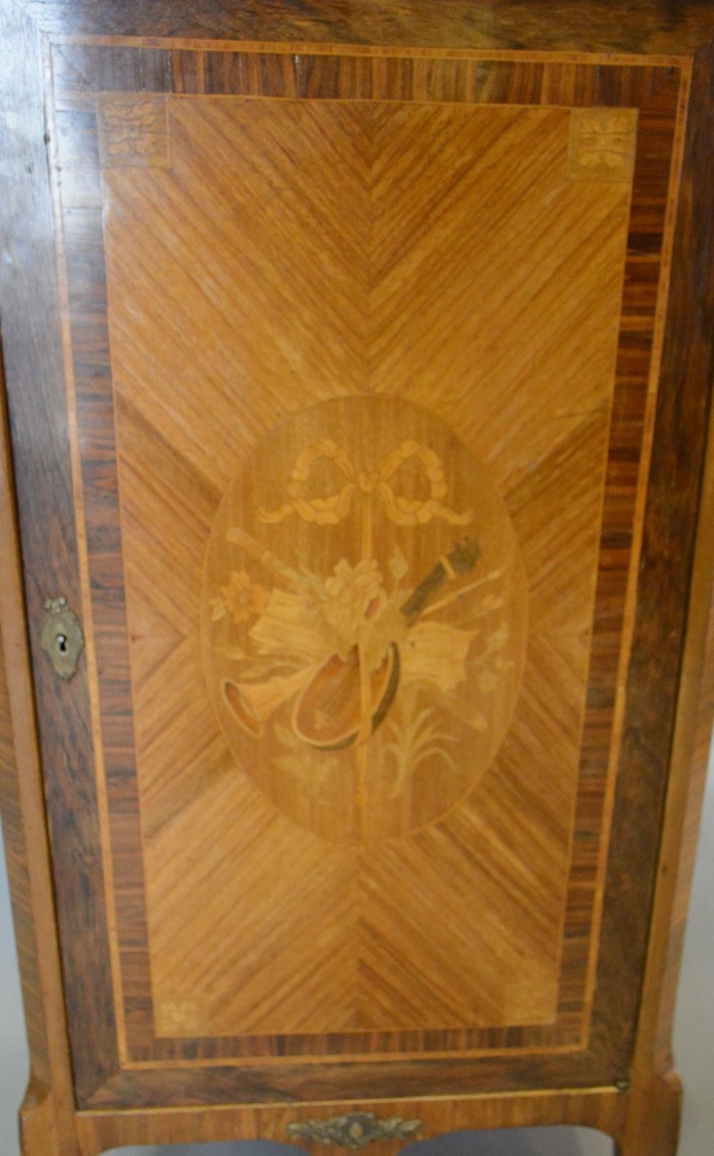 A French Kingwood and Marquetry Inlaid Side Cabinet with a Rouge Marble top above a frieze drawer - Image 3 of 3