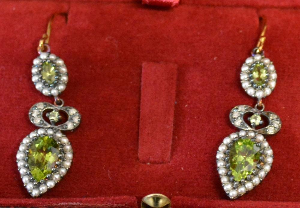 A Pair of Diamond and Peridot Drop Earrings