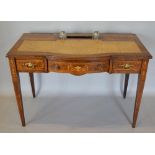 An Edwardian Rosewood Marquetry Inlaid Semi-Bow Fronted Writing Desk, the tooled leather inset top