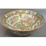 A Canton Bowl decorated in coloured enamels with Figures within Landscapes and highlighted with