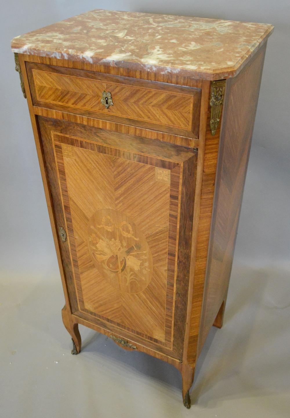 A French Kingwood and Marquetry Inlaid Side Cabinet with a Rouge Marble top above a frieze drawer - Image 2 of 3