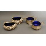 A Pair of Birmingham Silver Salts with Blue Glass Liners together with a similar pair of London