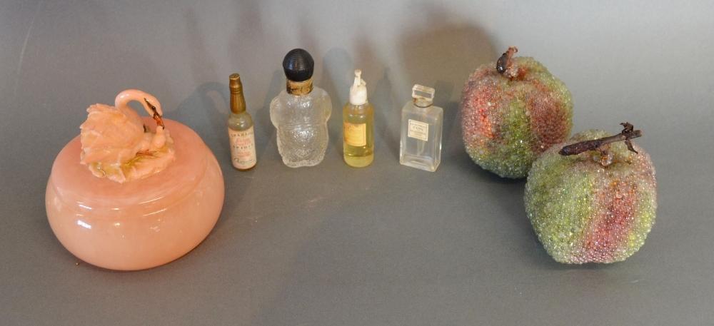 Four Miniature Scent Bottles together with a hard stone Box and Cover mounted with a Swan and two