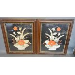 A Pair of 19th Century Silkworks in the form of Flowers within Baskets, 46 x 38 cms