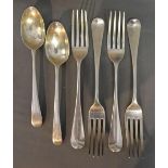 Four George III Silver Table Forks (various dates) together with two Georgian dessert spoons, 8ozs.