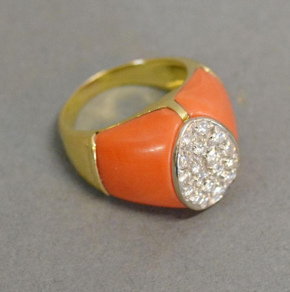 A 15ct. Yellow Gold Coral and Diamond Cocktail Ring, set with diamonds within an oval setting