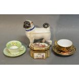 A French Porcelain Miniature Casket together with a Royal Crown Derby Miniature Cup and Saucer