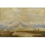 Widenham Lye 'Birds in Flight above Wetlands' oil on canvas, signed, 48 x 74 cms