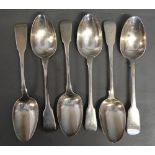 A Group of Six George III Silver Fiddle Pattern Table Spoons (varying dates)