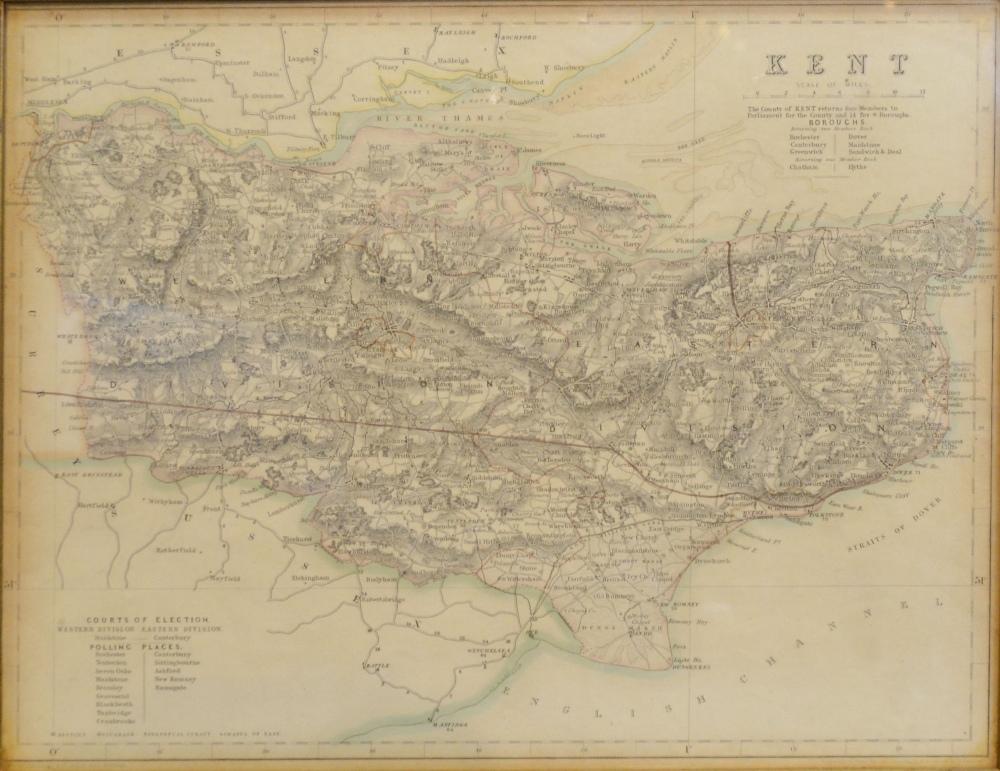 A Hand Coloured Map of Kent, 27 x 35 cms