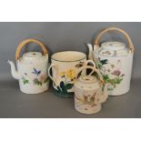 A Wemyss Style Large Pottery Three Handled Tyg together with three Oriental teapots