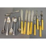 A Set of Four Sheffield Silver Fish Knives and Forks, three George III silver teaspoons and a set of