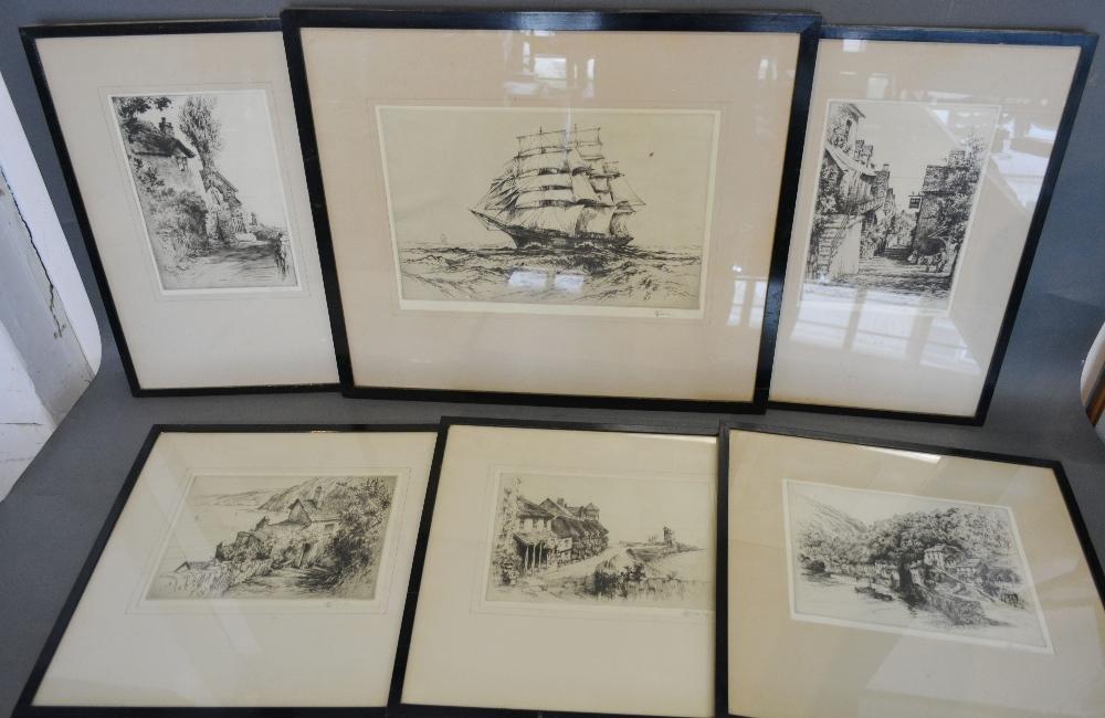 R.H. Smallridge, Black and White Etching of the Cutty Sark together with five other black and