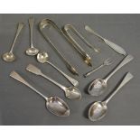 A Collection of Silver Mustard Spoons, Teaspoons and Butter Knives