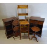 An Oak Narrow Bookcase together with a pair of reproduction mahogany line inlaid side cabinets, a