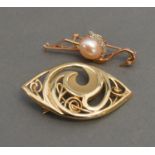 A 14ct. Gold Pearl and Diamond Set Brooch in the form of a Stork together with a 9ct. gold brooch of