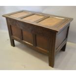 A George III Oak Small Coffer, the hinged top above a carved frieze and three panel front flanked by