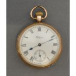 A 9ct. Gold Cased Pocket Watch by Waltham, the enamel dial with Roman numerals and subsidiary