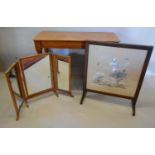 A 19th Century Oak Rectangular Side Table, together with a triple swing frame mirror and a silk