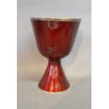 A Beaugrand White Metal and Rouge Enamel Chalice, inset green stone, 17 cms tall