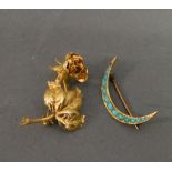 A Yellow Metal Brooch in the form of a Crescent set Turquoise together with a 9ct. gold brooch of