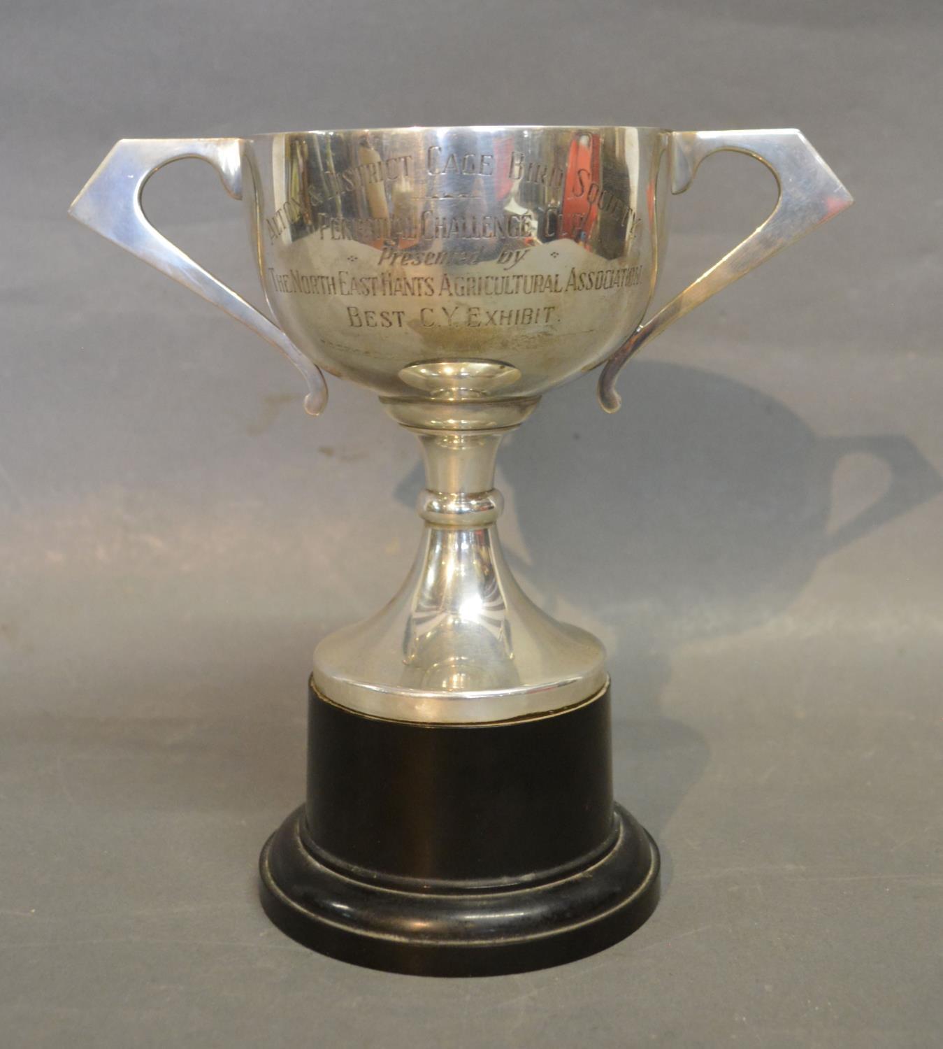 A Birmingham Silver Two Handled Trophy Cup with ebonised socle, 8 ozs.