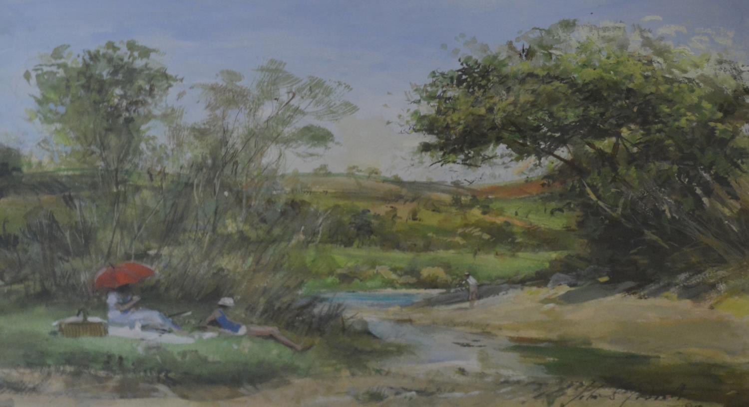 John Strickland Goodall RBA RI, 1908 - 1996, England, Picnic Summer Days with Figures by a River,