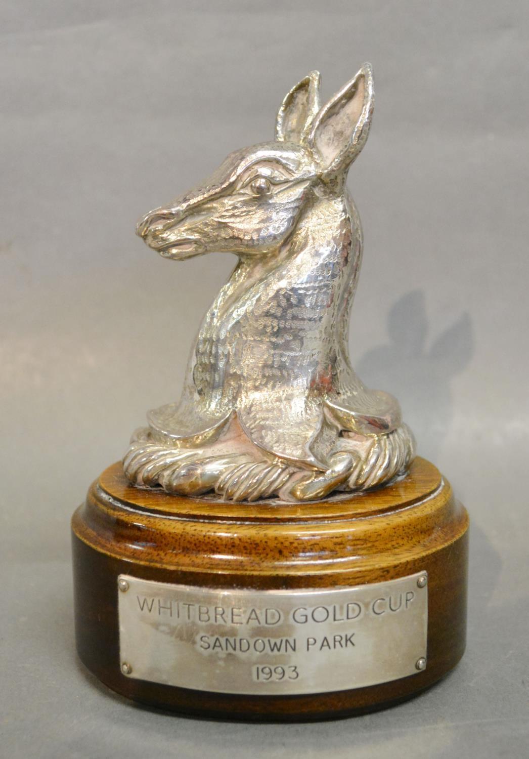 A London Silver Whitbread Gold Cup Trophy in the form of a Deer upon oval wooden plinth, 14 cms