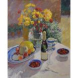 Edward Noott, 1965 onwards, England, Still Life Fruit and Champagne upon a Table with a Vase of