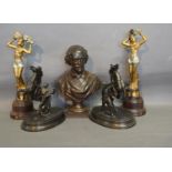 A Pair of Patinated Spelter Marley Horse Groups together with a patinated bust of Shakespeare and