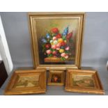 A Modern Oil Painting Still Life of Flowers together with two Victorian oil paintings, Rural