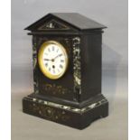 A Victorian Black Slate and Marble Mantle Clock of Architectural Form, the enamel dial with Roman