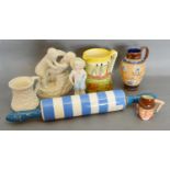 A Cornishware Blue Banded Rolling Pin, together with a Doulton Series Ware Jug, A Doulton