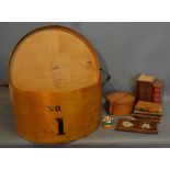 An Early Large Hat Box Of Cylindrical Form, together with a leather collar box, a double picture