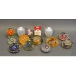 A Millefiori Glass Paper Weight Together With Various Other Paper Weights and a pair of vaseline