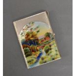 A 925 Silver And Enamel Cigarette Case, the enamel decoration depicting a river landscape, 8.5 cm by