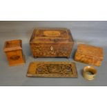 A 19th Century Burr Walnut Work Box together with a Mauchlin Ware money box, a Tunbridge Ware panel,