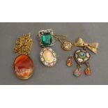 A Stone Set Locket With Chain, together with a dress ring and three micro mosaic brooches