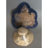A Birmingham Silver Capstan Inkwell, together with a silver plaque entitled Too Good Championship