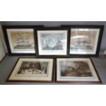 A Set of Three Coloured Prints Marine Scenes, together with a pair of Hunting Prints