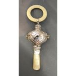 A Silver and Mother of Pearl Baby's Rattle